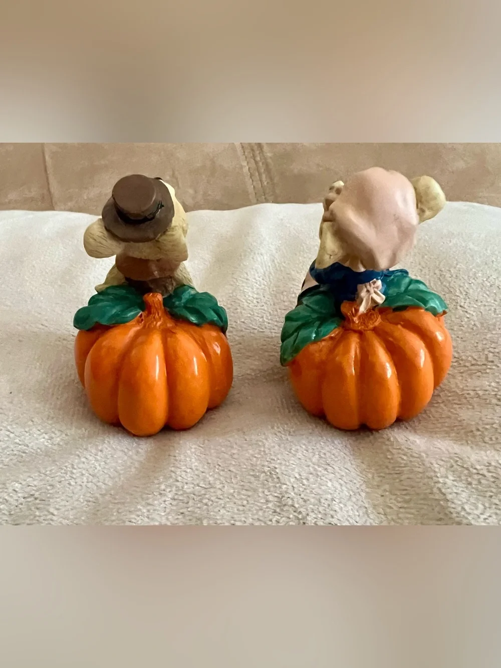 Mouse Figurines Sitting on Pumpkins Boy & Girl, Painted Resin, 2 Pack